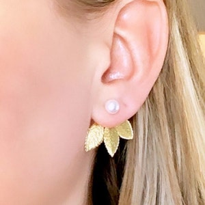 Pearl Earring Jackets Gold Flower Earrings Raw Brass Petals Ear Jackets Leaf Earring Jackets Pearl Studs Bohemian Earrings Leaves Earrings