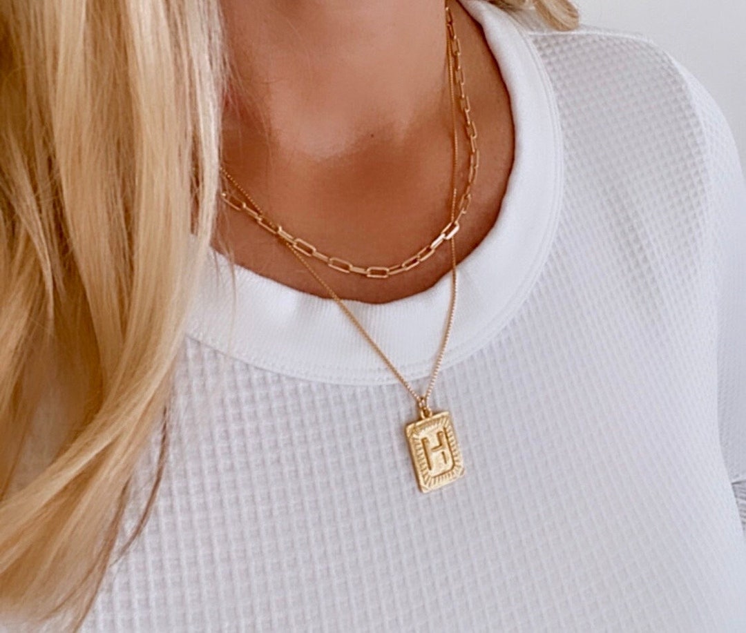 Gold Chain Gold Square Initial Necklace Vintage Inspired Letter