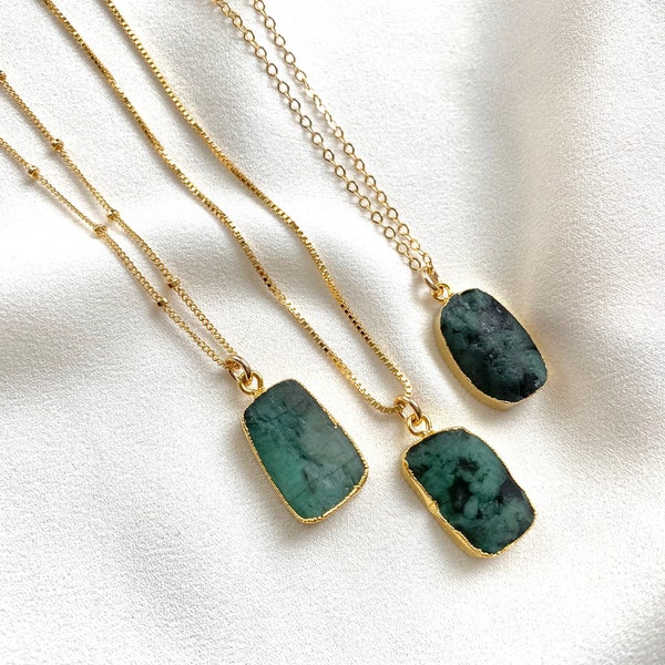 Raw Emerald Necklace May Birthstone Necklace Gold Filled Box Chain Gemstone Jewelry Birthday Gifts Emerald Pendant Girlfriend Gift Idea