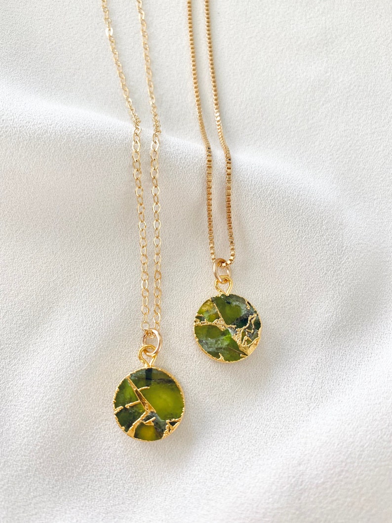 Peridot Necklace Green Peridot Coin Pendant Necklace Green Crystal Medallion Girlfriend Gift August Birthstone Gold Filled Box Chain Gift image 7