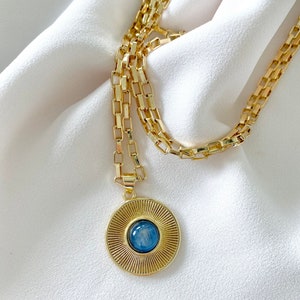 Vintage Style Medallion Necklace Blue Crystal Pendant Necklace Gold Filled Thick Link Paperclip Chain 70s inspired Jewelry Blue Gemstone image 5