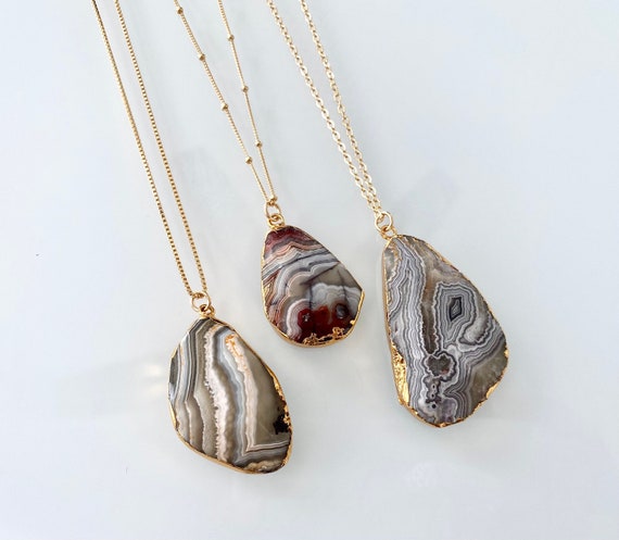 Mexican Lace Agate Pendant Necklace Gold Filled Chain Teardrop Mexican Agate Necklace Chunky Oval Lace Agate Gemstone Pendant Boho Jewelry Etsy