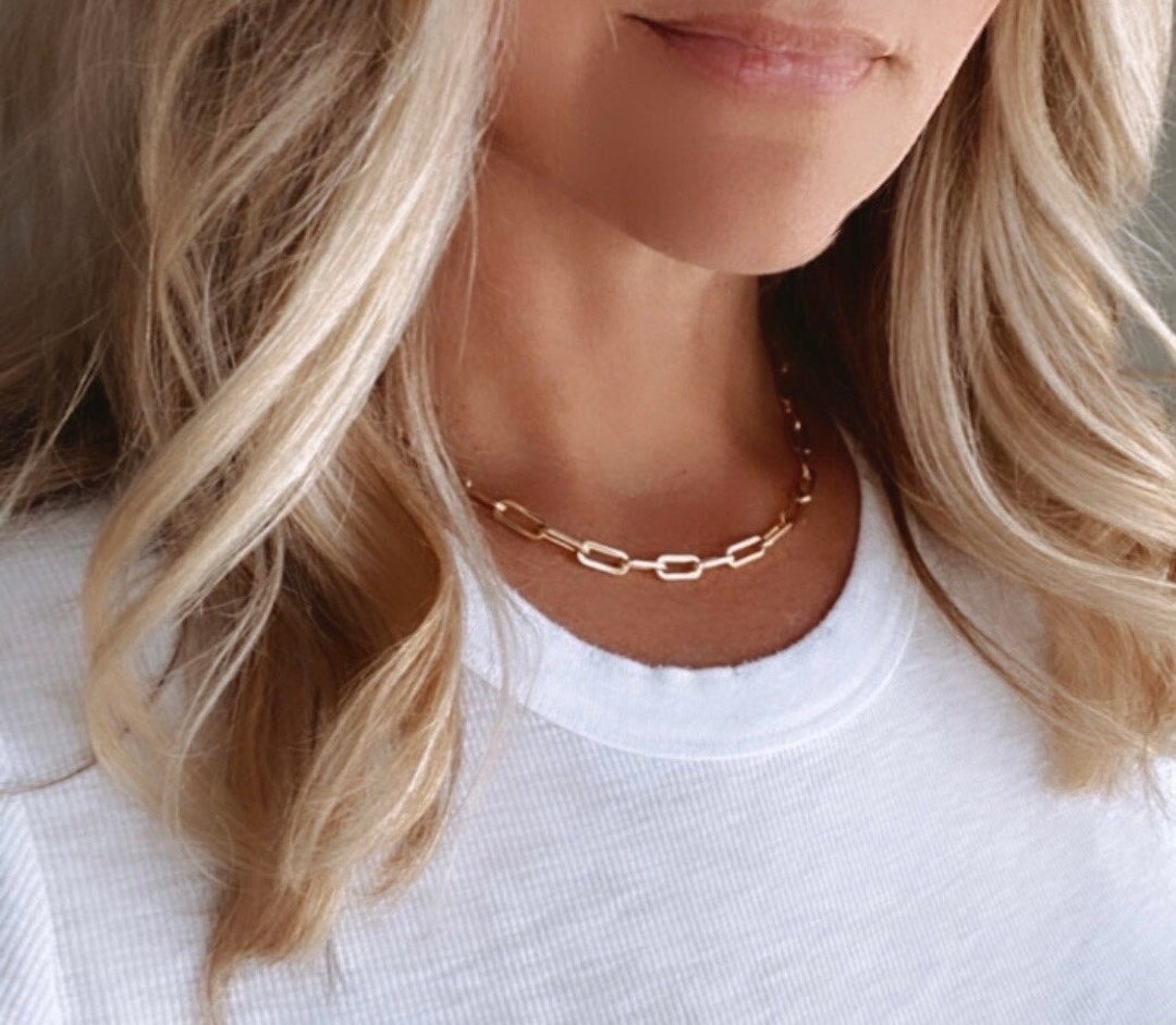 Gold Filled Thick Link Necklace Rectangle Chain Everyday Minimalist Necklaces Chunky Paper Clip ...
