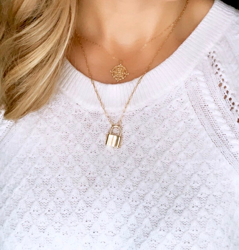 Dainty Padlock Necklace Gold Filled Paper Clip Chain Etsy