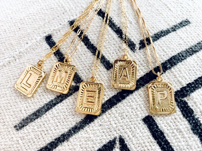 Vintage Inspired Letter Necklace Gold Square Initial Pendant Necklace…