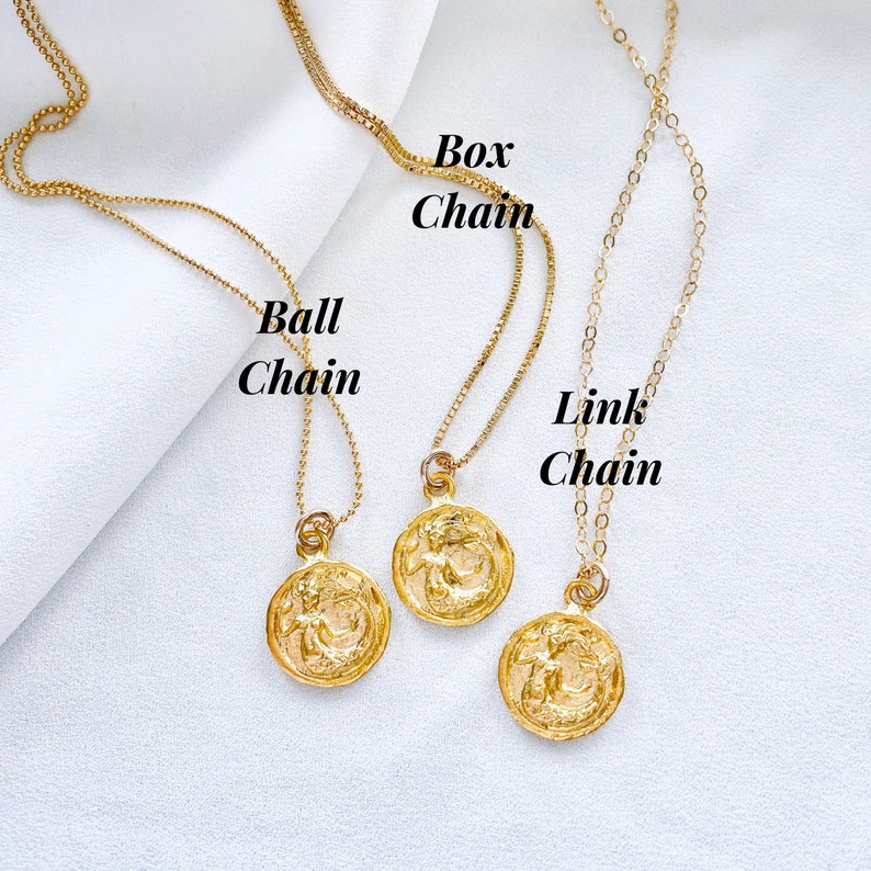 Dainty Mermaid Necklace Gold Mermaid Pendant Necklace Gold Filled Box Chain Mermaid Medallion Goddess Necklace Beachy Jewelry Layering Chain