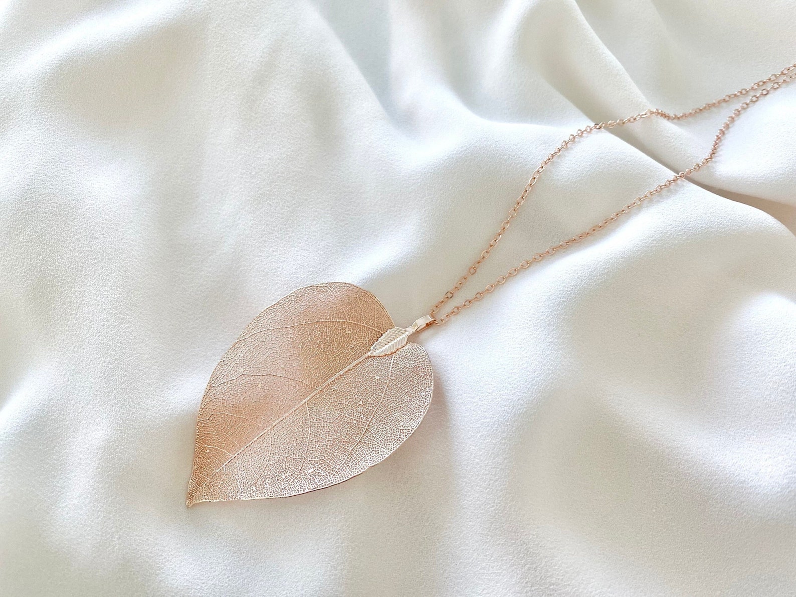 Rose Gold Leaf Necklace Long Layering Necklace Rose Gold Leaf Etsy