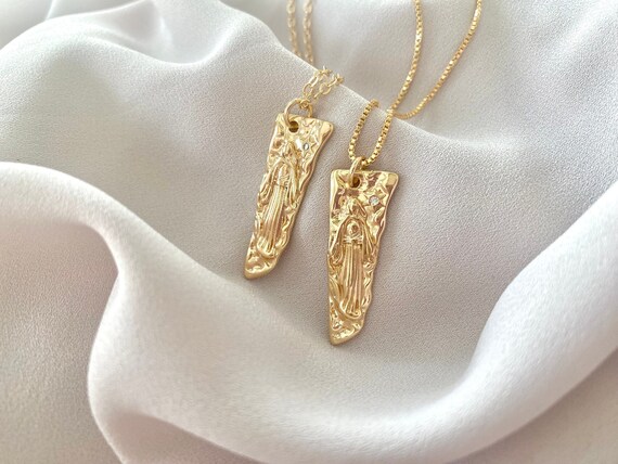 Gold Filled Guardian Angel Necklace Gold Saint Pendant Gold Freeform Medallion Gold Rectangle Bar Necklace Vintage Style Layering Necklace