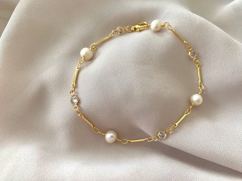 Gold Filled Paperclip Bracelet Pearl and Crystal Link Bracelet Gold Fill Bar Chain Dainty Stacking Bracelets Minimalist Jewelry Gift Idea image 4