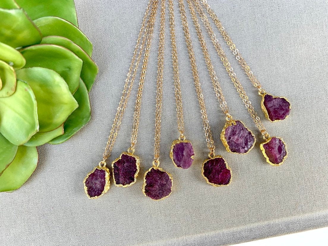 Raw Ruby Necklace 14k Gold Filled Freeform Ruby Stone Pendant Genuine…