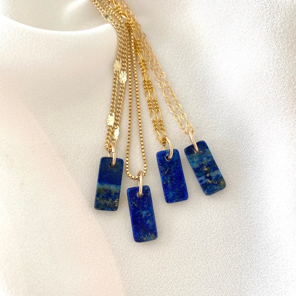 Dainty Lapis Lazuli Necklace Gold Filled Chain September Birthstone Jewelry Christmas Gift Rectangle Lapis Tag Charm Blue Gemstone Pendant