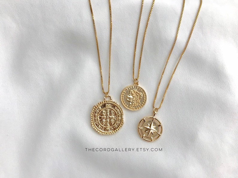 Gold Coin Necklace 18k Gold Filled Medallion Necklace Athena Greek Goddess Necklace Boho Gold Cross Medallion North Star Compass Necklace 