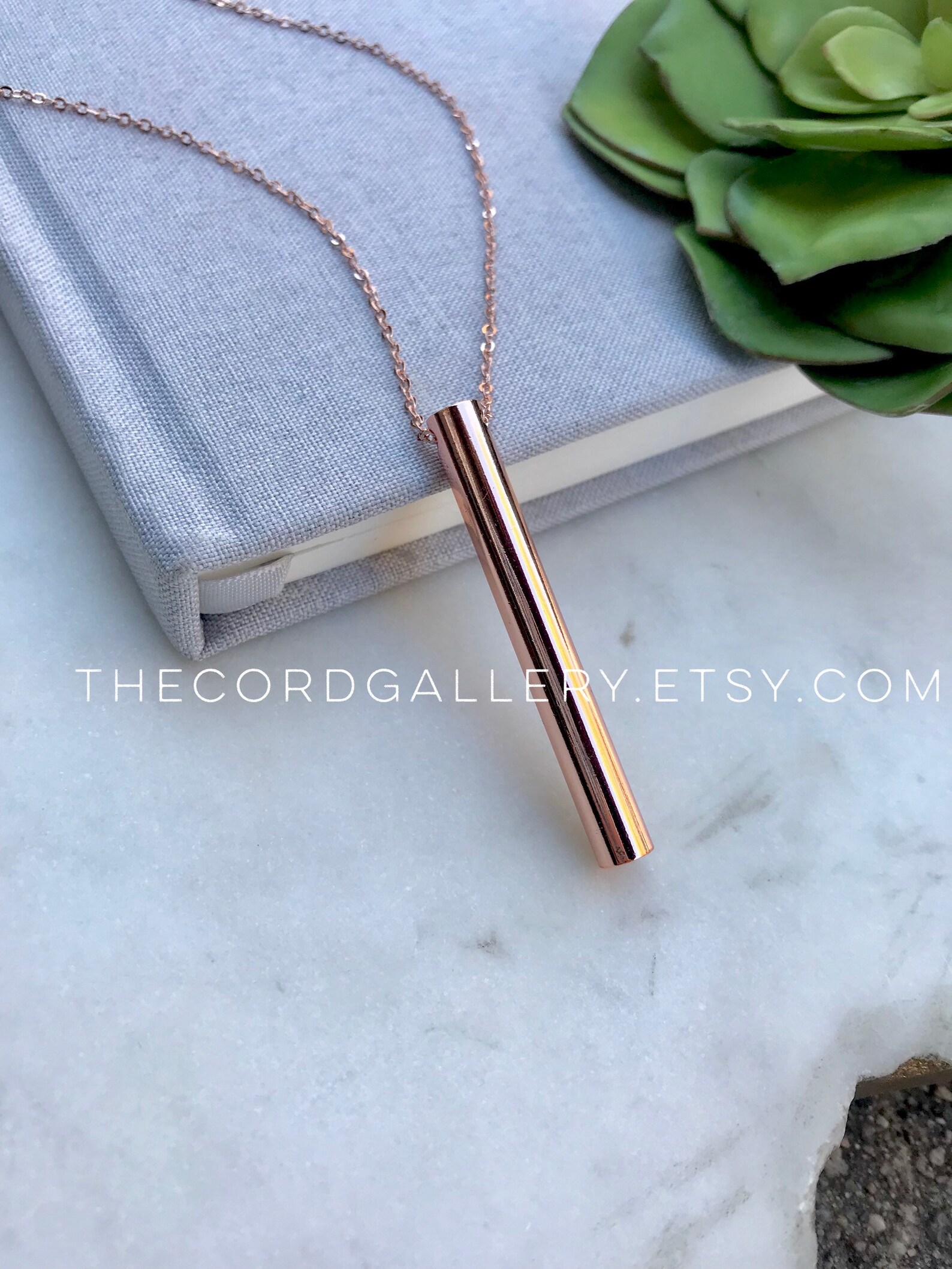 Rose Gold Bar Necklace Vertical Cylinder Bar Pendant Necklace Etsy