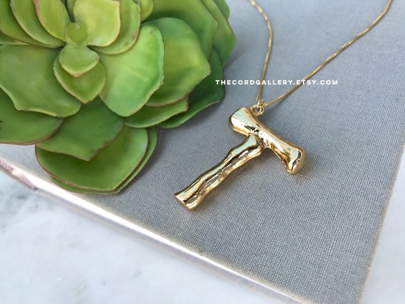 Gold Bamboo T Initial Necklace Bamboo Letter T Pendant Large T Etsy