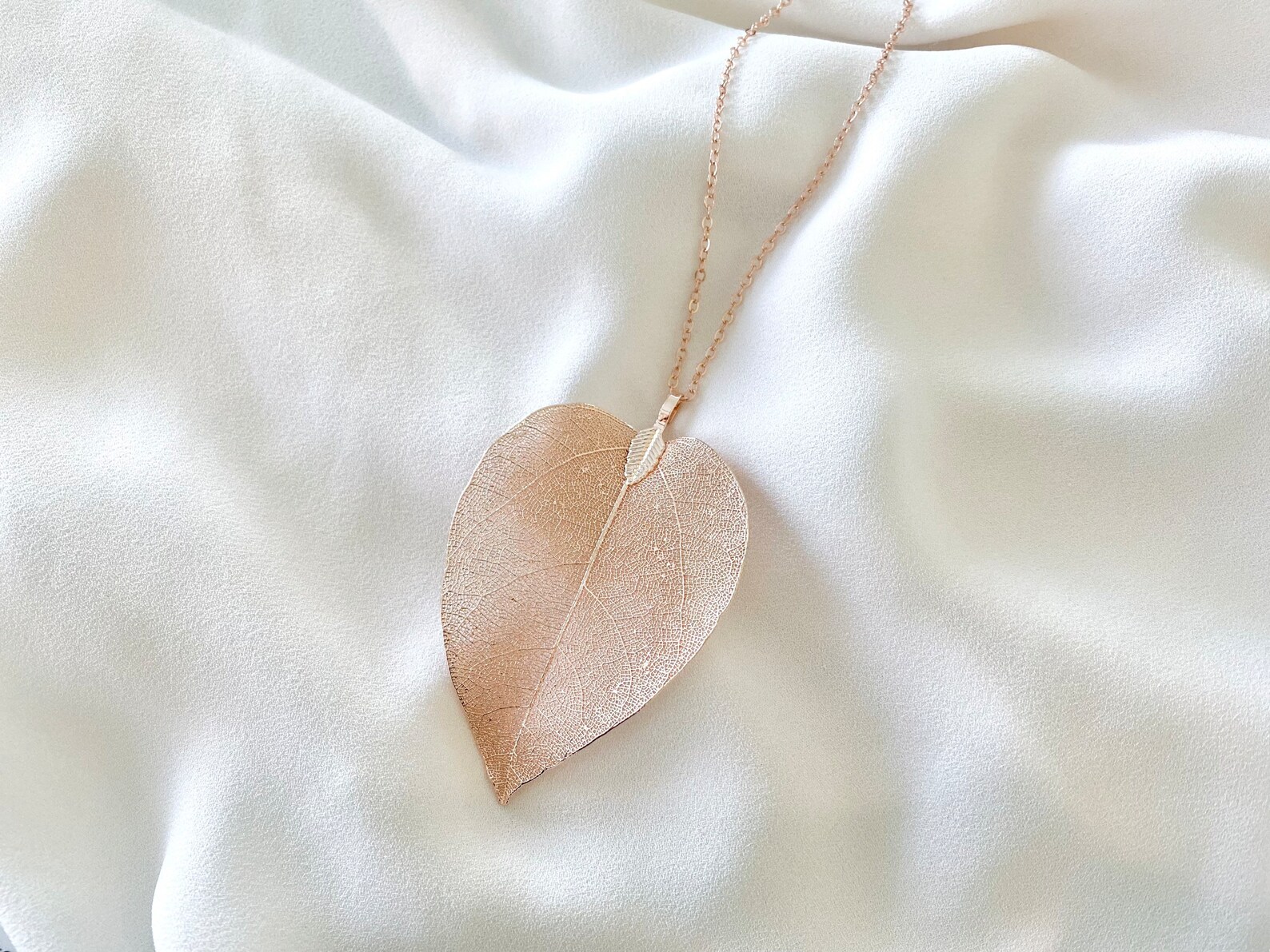 Rose Gold Leaf Necklace Long Layering Necklace Rose Gold Leaf Etsy