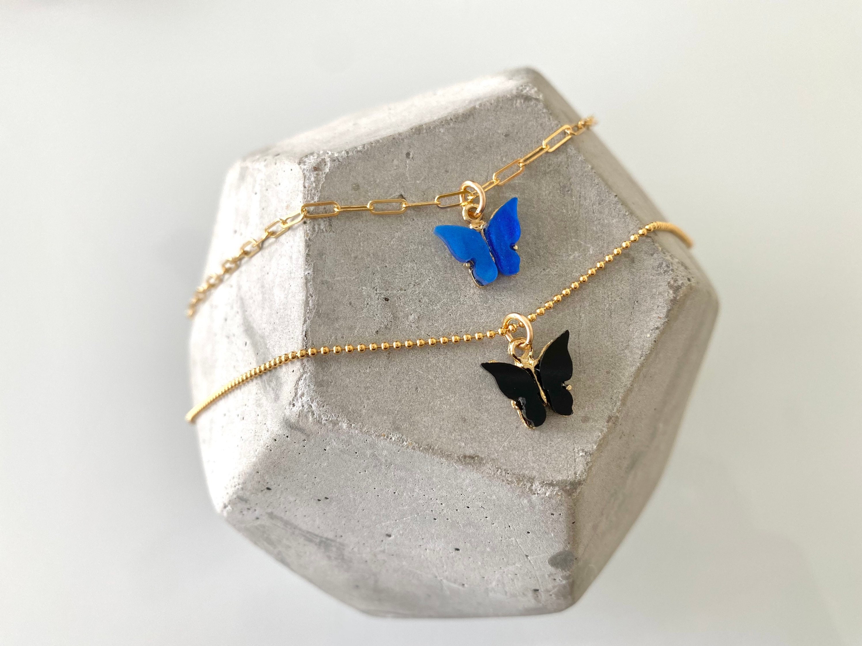 Silver Royal Blue Shiny Butterfly Jewellery Set Stud Earrings & Necklace S511 