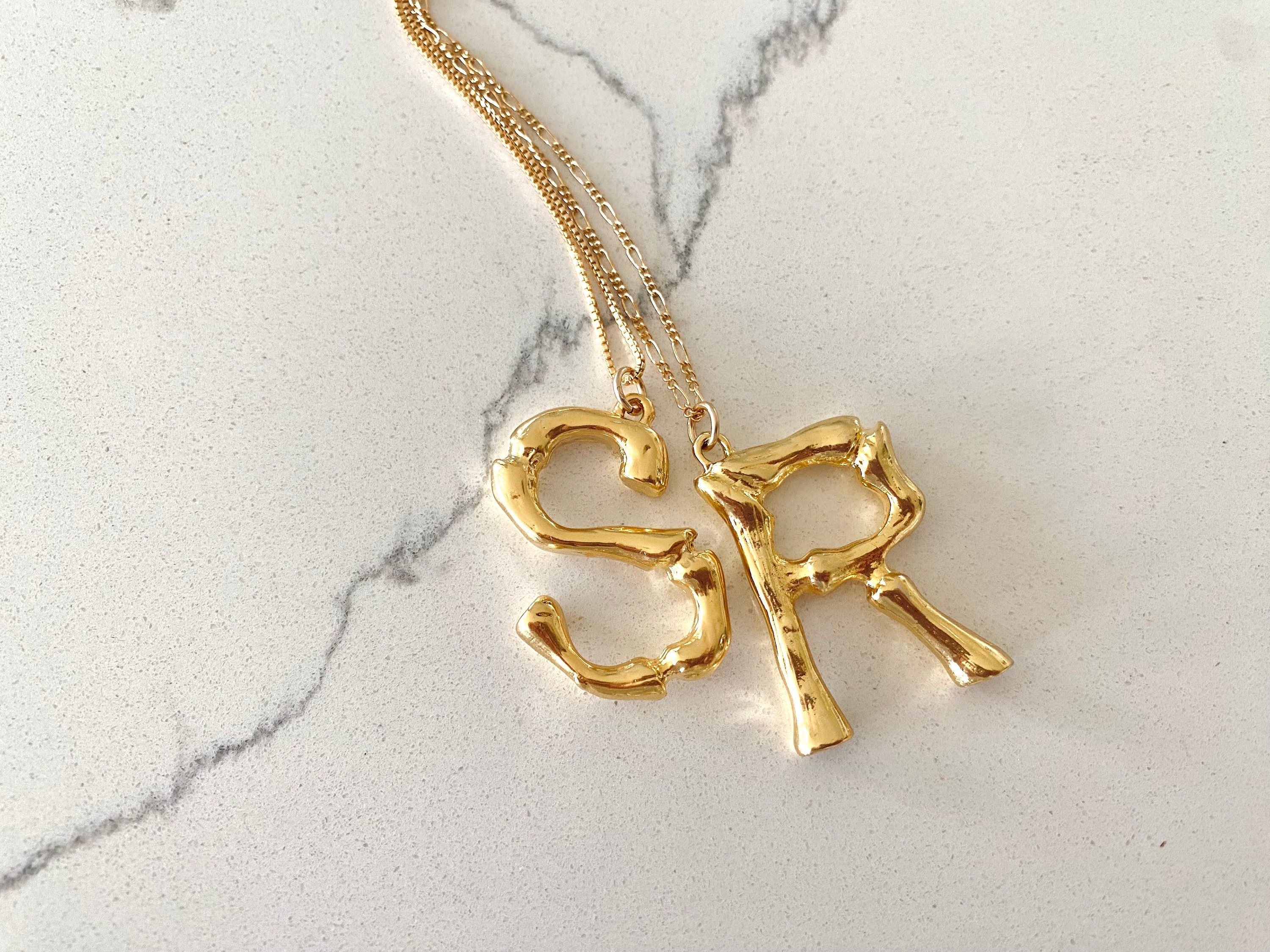 Large gold bamboo initial necklace sale