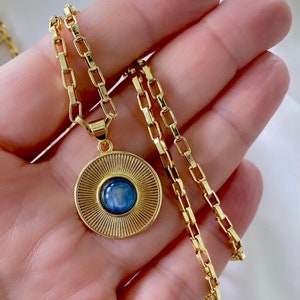 Vintage Style Medallion Necklace Blue Crystal Pendant Necklace Gold Filled Thick Link Paperclip Chain 70s inspired Jewelry Blue Gemstone image 2