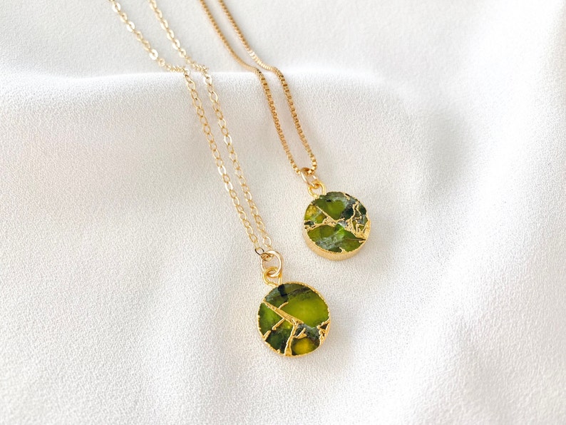 Peridot Necklace Green Peridot Coin Pendant Necklace Green Crystal Medallion Girlfriend Gift August Birthstone Gold Filled Box Chain Gift image 1