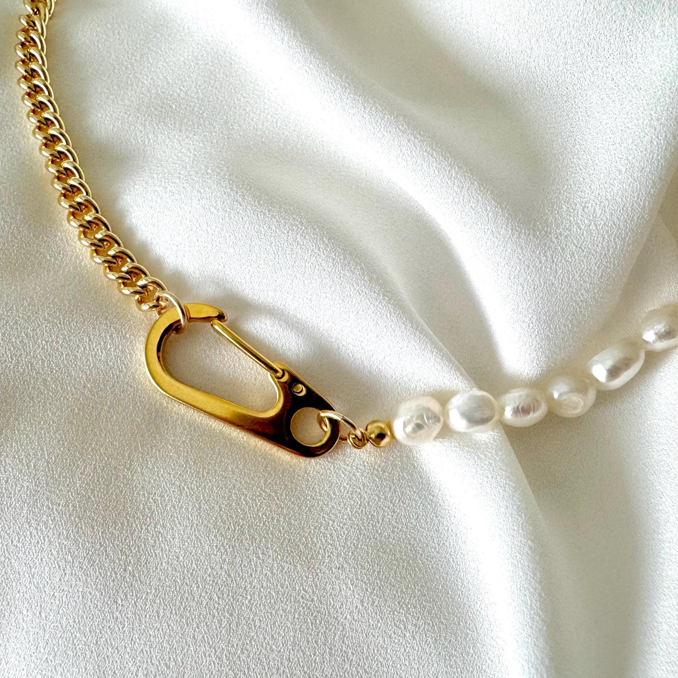 Gold Filled Half Pearl Half Cuban Curb Chain Necklace with Large Clasp Statement Minimalist Jewelry Chunky Necklaces Modern Pearl Jewelry