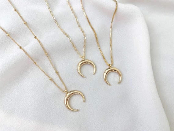 Dainty Crescent Necklace Gold Filled Crescent Moon Necklace Double Horn Pendant Gold Crescent Pendant Satellite Chain Layering Necklace Gift