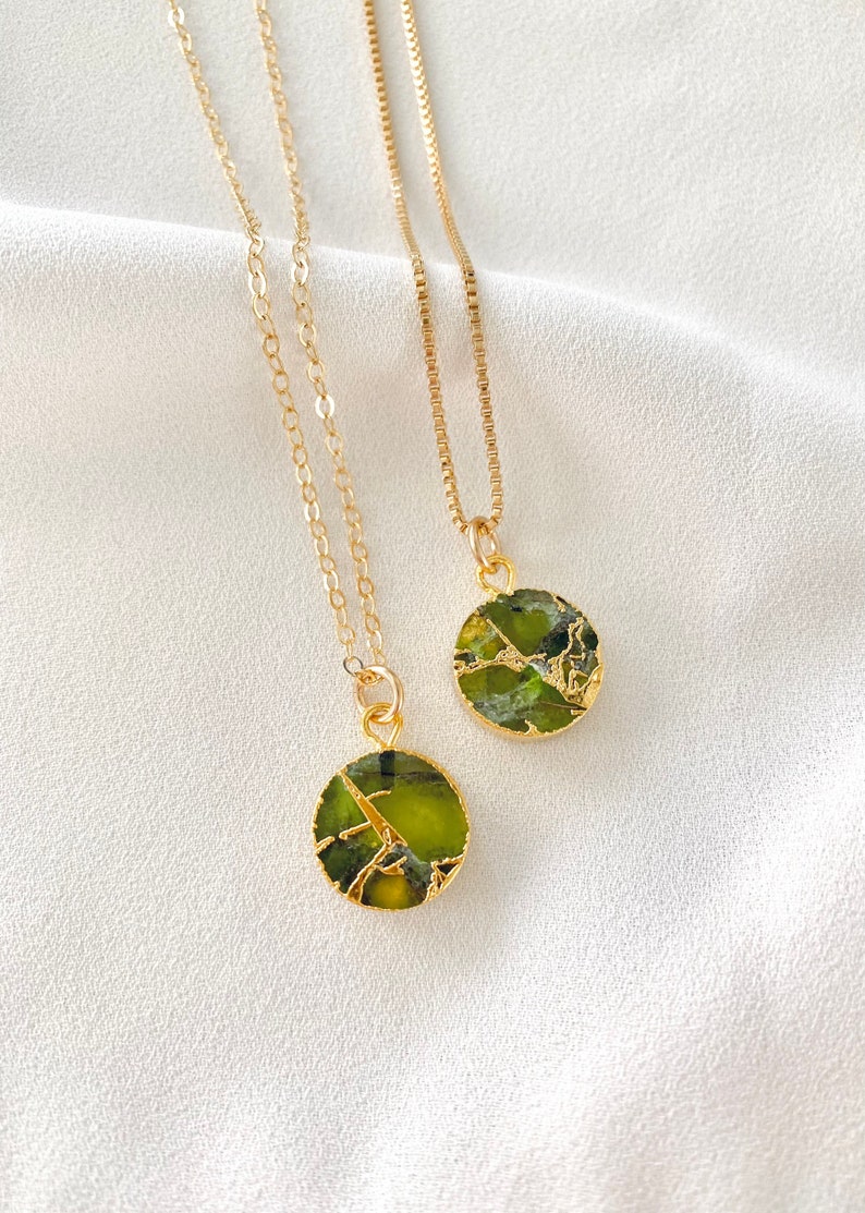 Peridot Necklace Green Peridot Coin Pendant Necklace Green Crystal Medallion Girlfriend Gift August Birthstone Gold Filled Box Chain Gift image 8