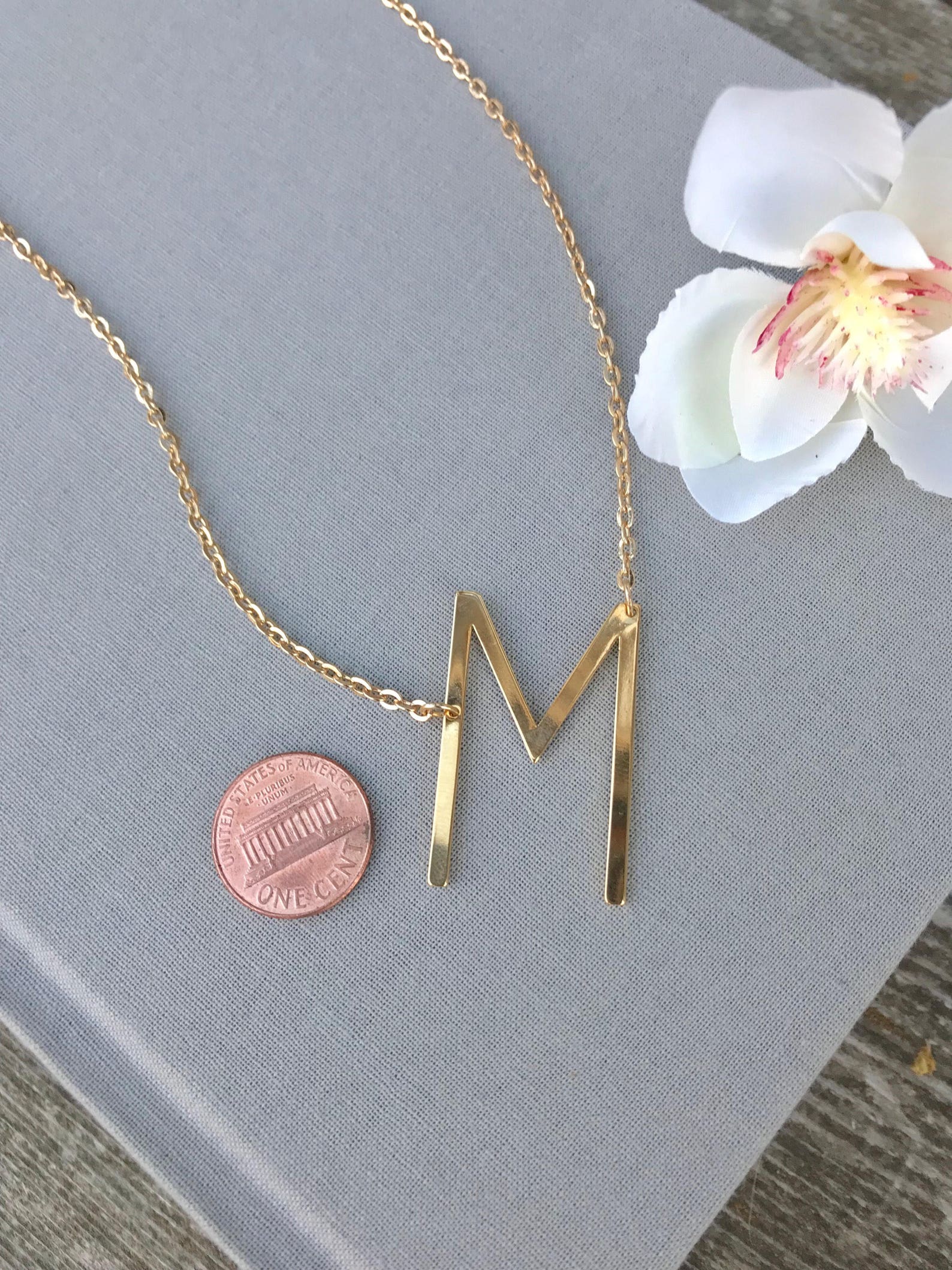 Gold Initial Necklace Letter M Necklace Alphabet Necklace Etsy