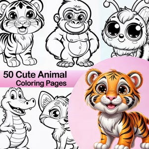 Cute Animals Coloring Pages for Kids | 50 Kawaii Animals Coloring Sheets for Children | Digital Download | PDF Format | 8.5x11&quot;
