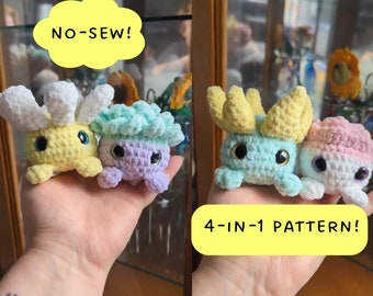 Può includere: Quattro giocattoli amigurumi all'uncinetto in diversi colori, tra cui giallo, viola, blu e rosa. I giocattoli sono tutti piccoli e hanno occhi grandi. L'immagine include il testo "NO-SEW!" e "4-IN-1 PATTERN!"
