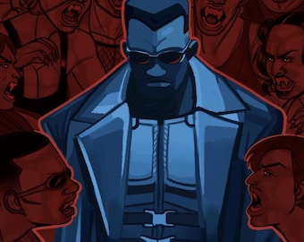 May include: Comic-style illustration featuring a central figure in a blue coat and sunglasses, encircled by figures with open mouths and sharp teeth. The artwork uses a red and blue colour palette.