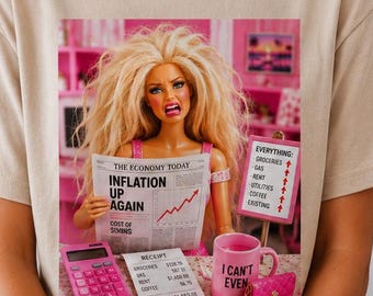 Angry Doll Inflation Tee, Funny Pink Graphic Shirt, Cost of Living Meme Tee, Retro Barbiecore Aesthetic Shirt