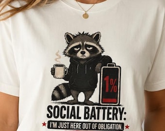 Social Battery Shirt, Funny Introvert Raccoon Tee, Sarcastic Coffee Shirt, Tired Social Battery Gift for Women Men