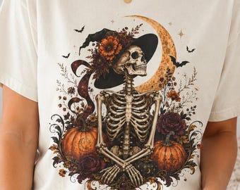 Halloween Skeleton Shirt, Witchy Pumpkin Graphic Tee, Gothic Fall Comfort Colors Shirt