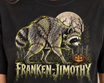 Franken-Jimothy Raccoon Shirt, Halloween Comfort Colors Tee, Frankenstein Raccoon Graphic T-Shirt, Spooky Animal Shirt