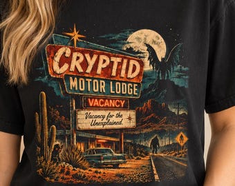 Cryptid Motor Lodge Shirt, Comfort Colors 1717 Tee, Retro Cryptid Motel T Shirt, Vacancy for the Unexplained, Mothman Bigfoot Shirt