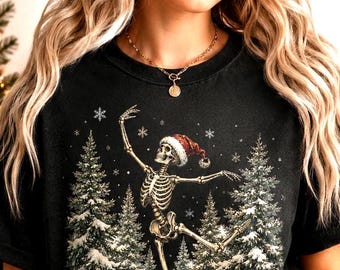 Christmas Skeleton Shirt, Dancing Santa Skeleton Comfort Colors Tee, Spooky Holiday T-Shirt, Funny Winter Graphic Tee