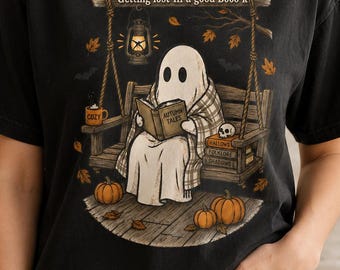 Ghost Reading on Porch T-Shirt | Halloween Pumpkin Cozy Book Design