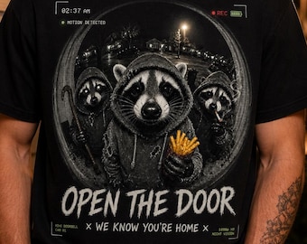 Funny Raccoon Door Camera Shirt, Open The Door Graphic Tee, Trash Panda Meme Shirt, Goblincore T-Shirt, Funny Animal Shirt, Streetwear Tee