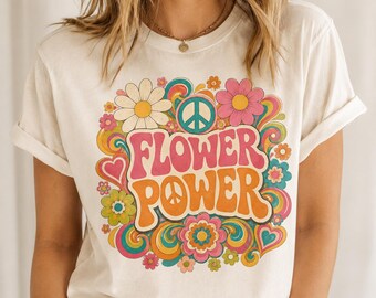 Flower Power psychedelic floral design T-Shirt | 70s retro peace sign tee