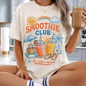 Shirt smoothieclub, retro zomer-T-shirt, shirt strandvakantie, leuk grafisch T-shirt, kleurrijk tropisch T-shirt afbeelding 1