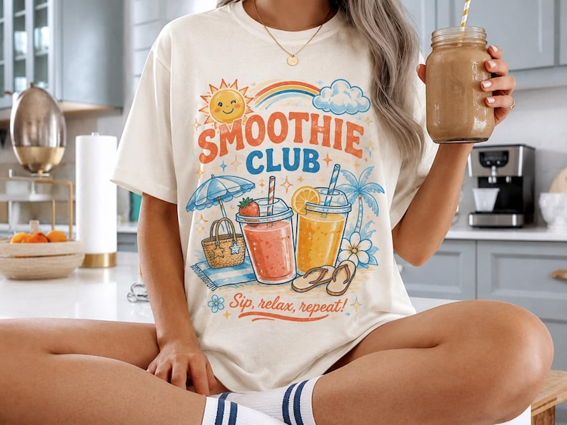 Shirt smoothieclub, retro zomer-T-shirt, shirt strandvakantie, leuk grafisch T-shirt, kleurrijk tropisch T-shirt afbeelding 1