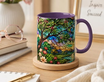 Gebrandschilderd glas natuurmok, gezellige cottagecore-koffiekop, kleurrijke bloemenlandschapsmok, boekenliefhebber cadeau, esthetische theekop, cadeau voor haar