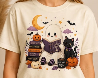Cute Reading Ghost with Black Cat T-shirt | Halloween Pumpkin Book Design