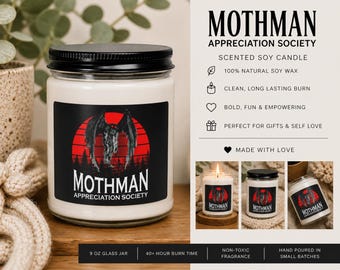 Mothman Appreciation Society-kaars, Cryptid Candle-cadeau, grappige horror-sojakaars, Gothic Home Decor, Spooky Mothman Lover-cadeau