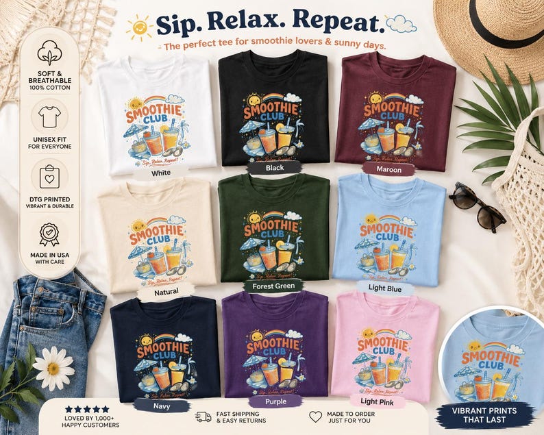 Shirt smoothieclub, retro zomer-T-shirt, shirt strandvakantie, leuk grafisch T-shirt, kleurrijk tropisch T-shirt afbeelding 2