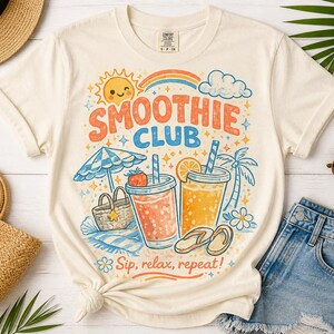 Shirt smoothieclub, retro zomer-T-shirt, shirt strandvakantie, leuk grafisch T-shirt, kleurrijk tropisch T-shirt afbeelding 3