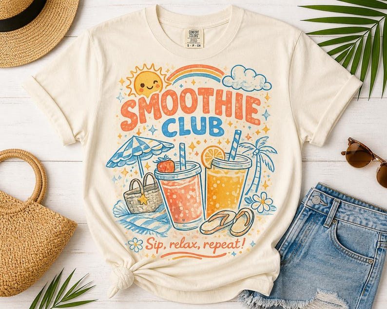 Shirt smoothieclub, retro zomer-T-shirt, shirt strandvakantie, leuk grafisch T-shirt, kleurrijk tropisch T-shirt afbeelding 3