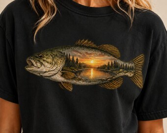 Largemouth Bass Shirt, Fishing T-Shirt, Lake Sunset Graphic Tee, Outdoors Gift for Fisherman