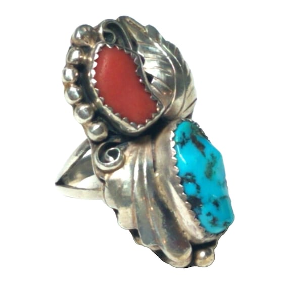 Native American Sterling Silver Turquoise Coral R… - image 2