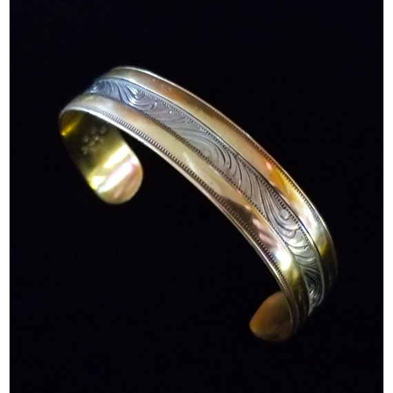 Mexico Silver Gold Filled Cuff Bracelet Scroll De… - image 1